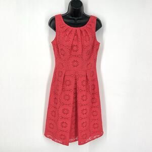 Adrianna Papell Fit & Flare Crochet Overlay Dress Sz 10 Sleeveless Coral Orange